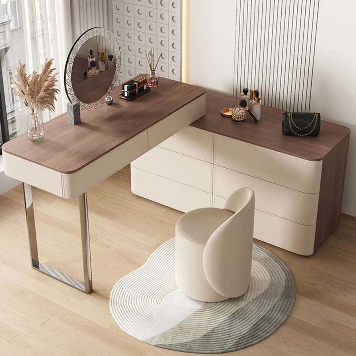 Modern Rectangular Leather Off-White Mirror Vanity