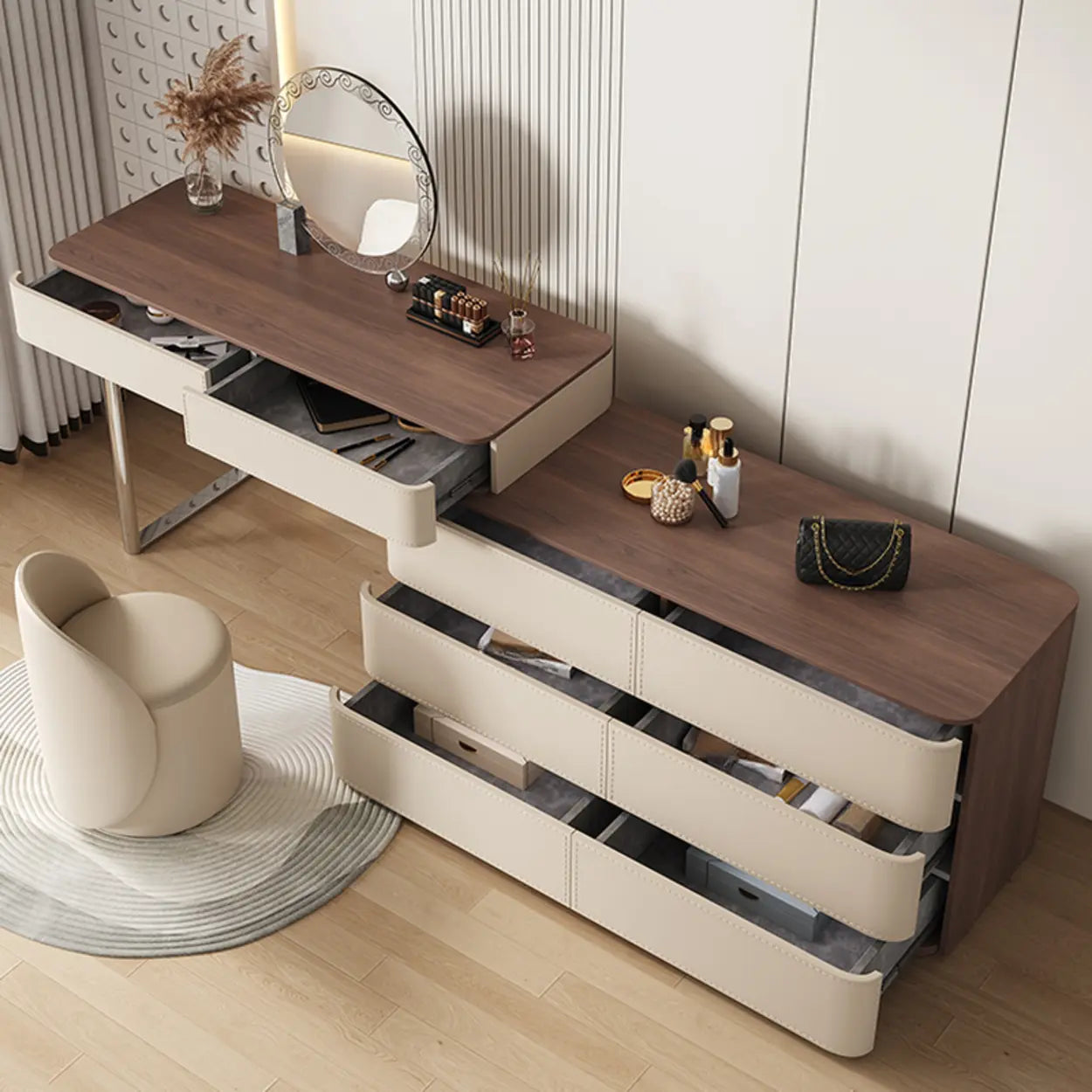 Modern Rectangular Leather Off-White Mirror Vanity