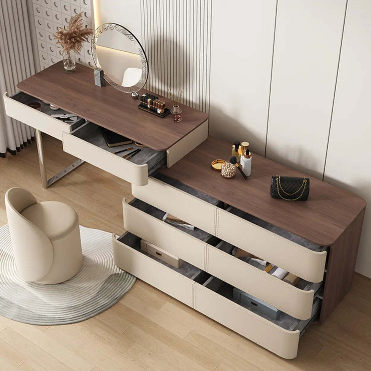 Modern Rectangular Leather Off-White Mirror Vanity