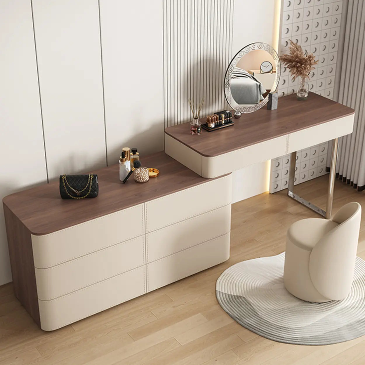 Modern Rectangular Leather Off-White Mirror Vanity