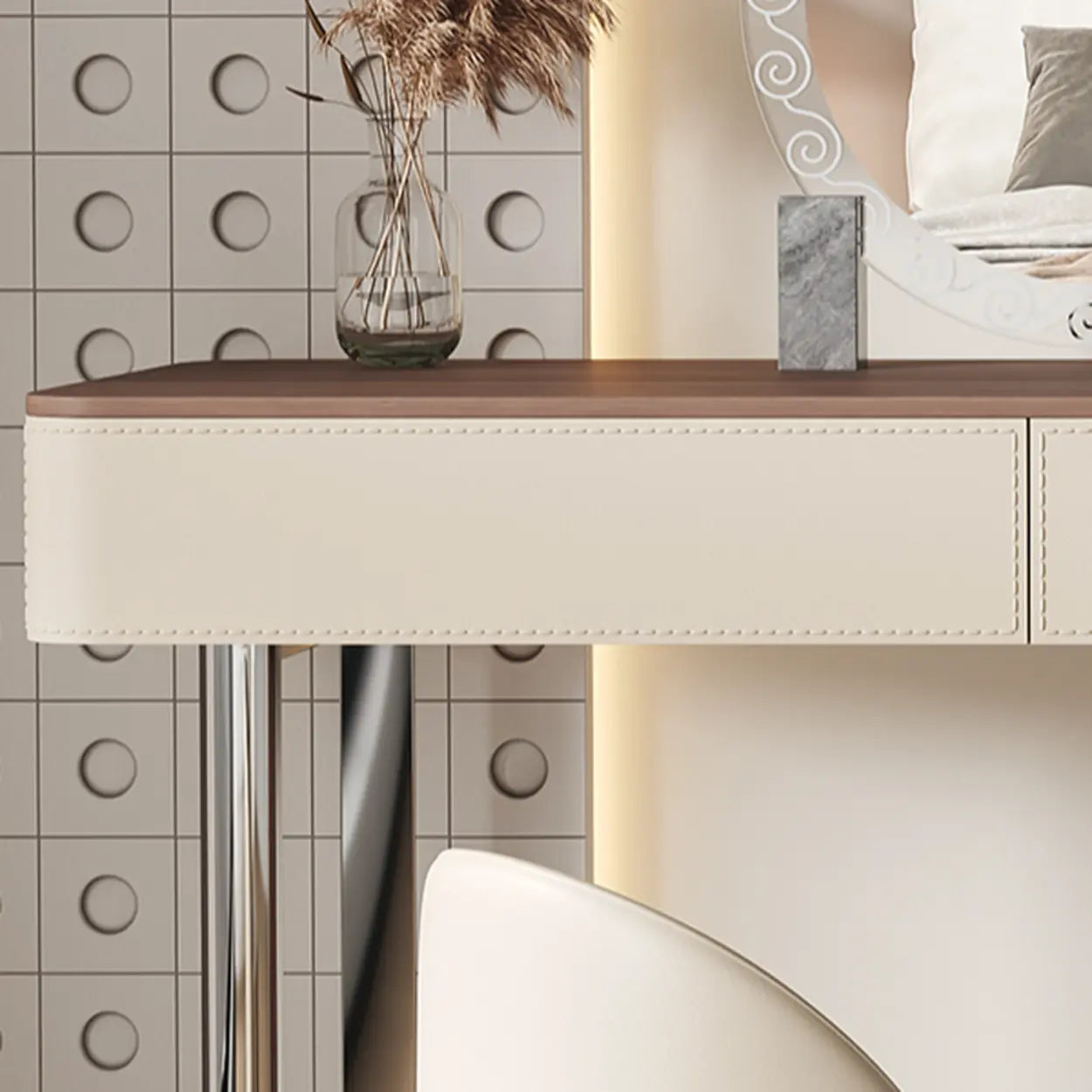 Modern Rectangular Leather Off-White Mirror Vanity