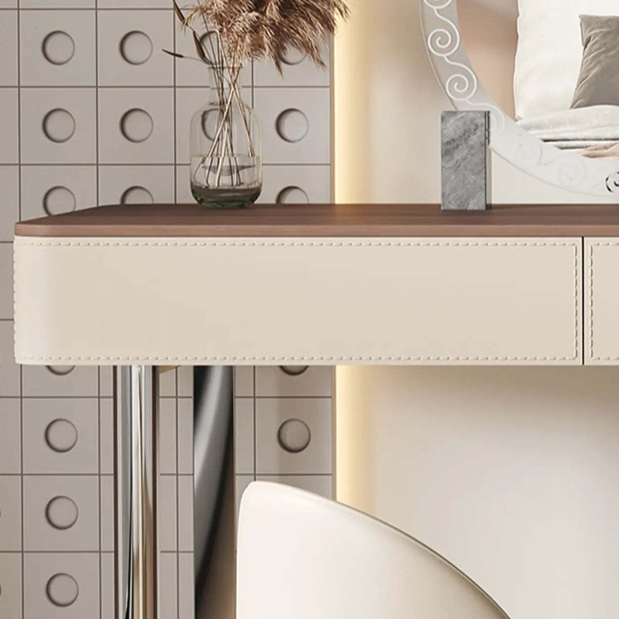 Modern Rectangular Leather Off-White Mirror Vanity
