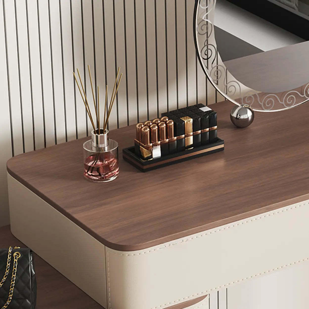 Modern Rectangular Leather Off-White Mirror Vanity