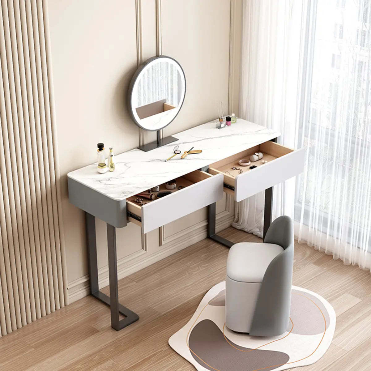 Modern Rectangular Marble Vanity with LED Mirror — Grey