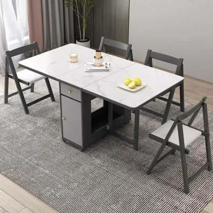 Modern Marble Storage Dining Table with Wheels — Black / Table Only