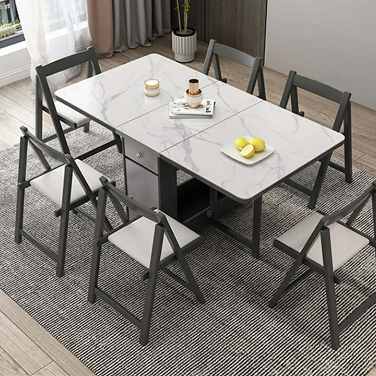 Modern Marble Storage Dining Table with Wheels — White / Table Only