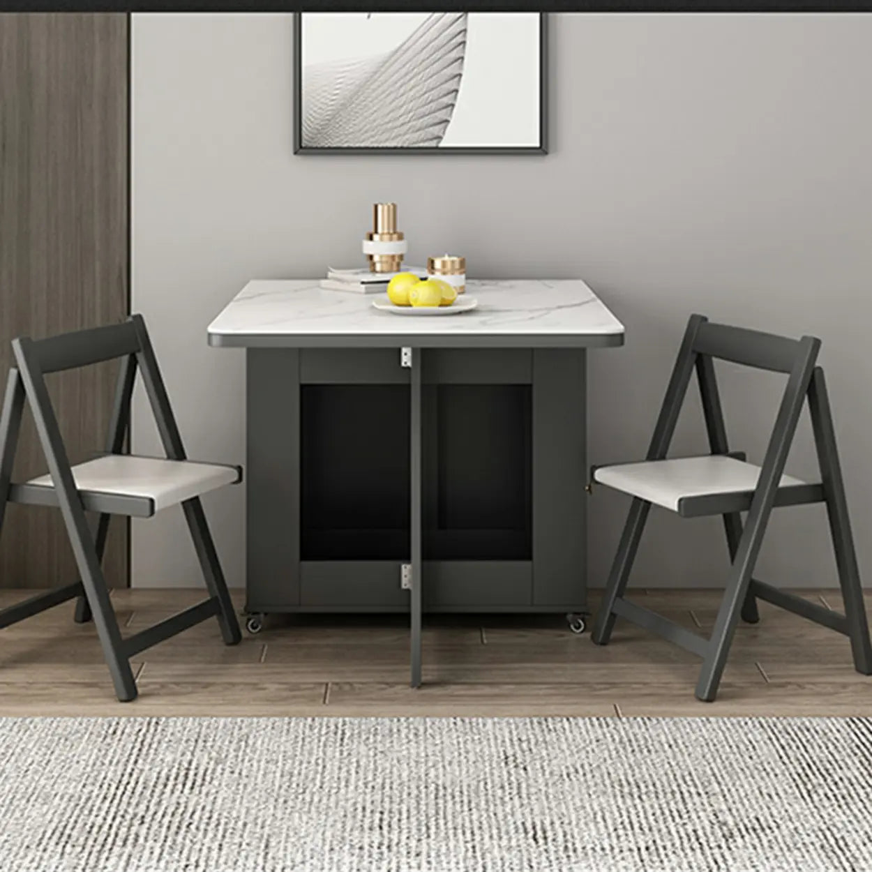 Modern Marble Storage Dining Table with Wheels — Natural Finish / Table Only