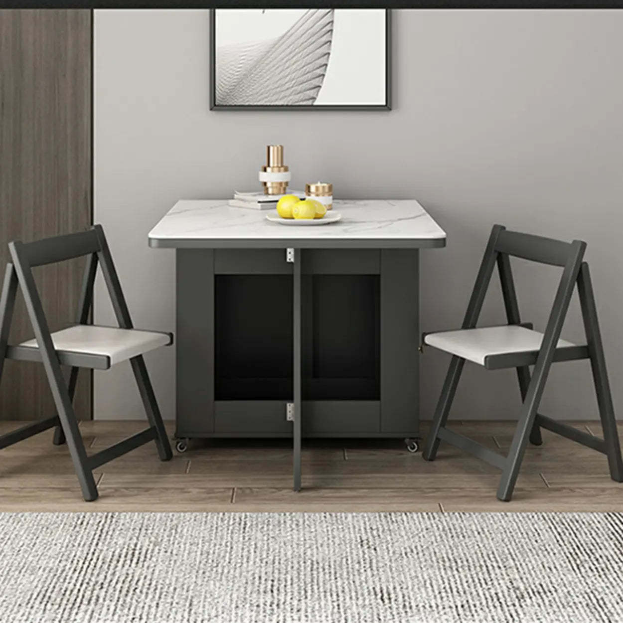 Modern Marble Storage Dining Table with Wheels — Natural Finish / Table Only