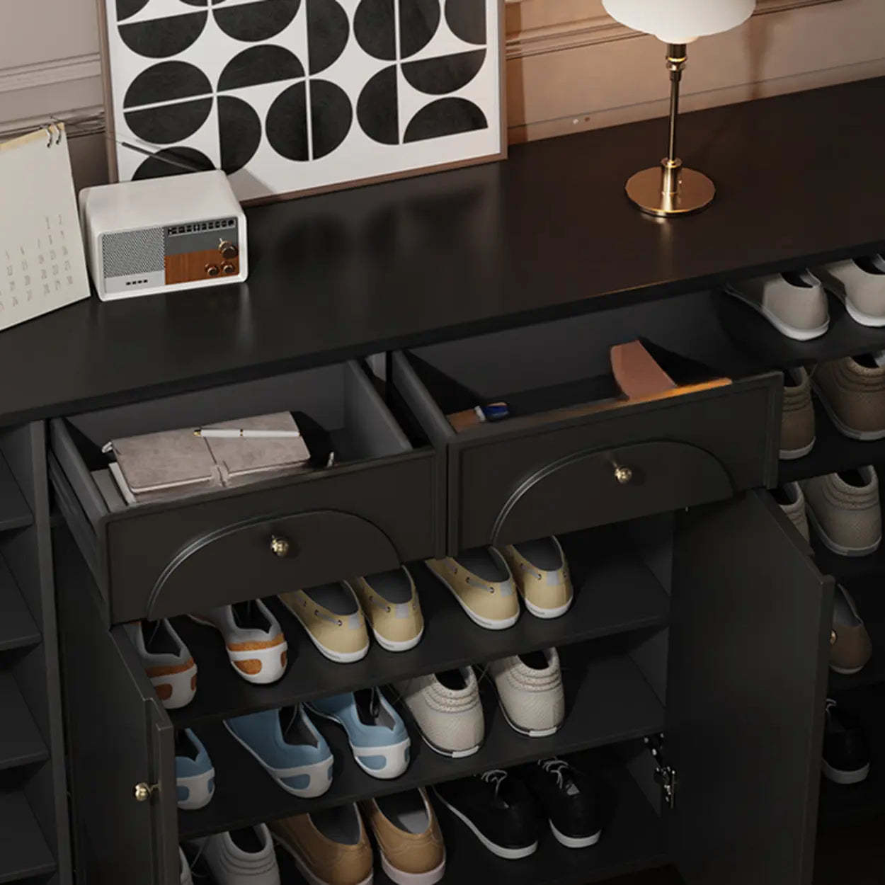 Modern Black Engineered Wood Large Hallway Shoe Cabinet