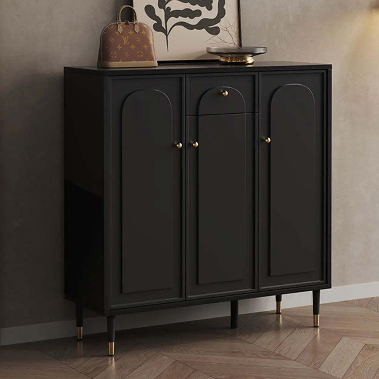 Modern Black Engineered Wood Large Hallway Shoe Cabinet