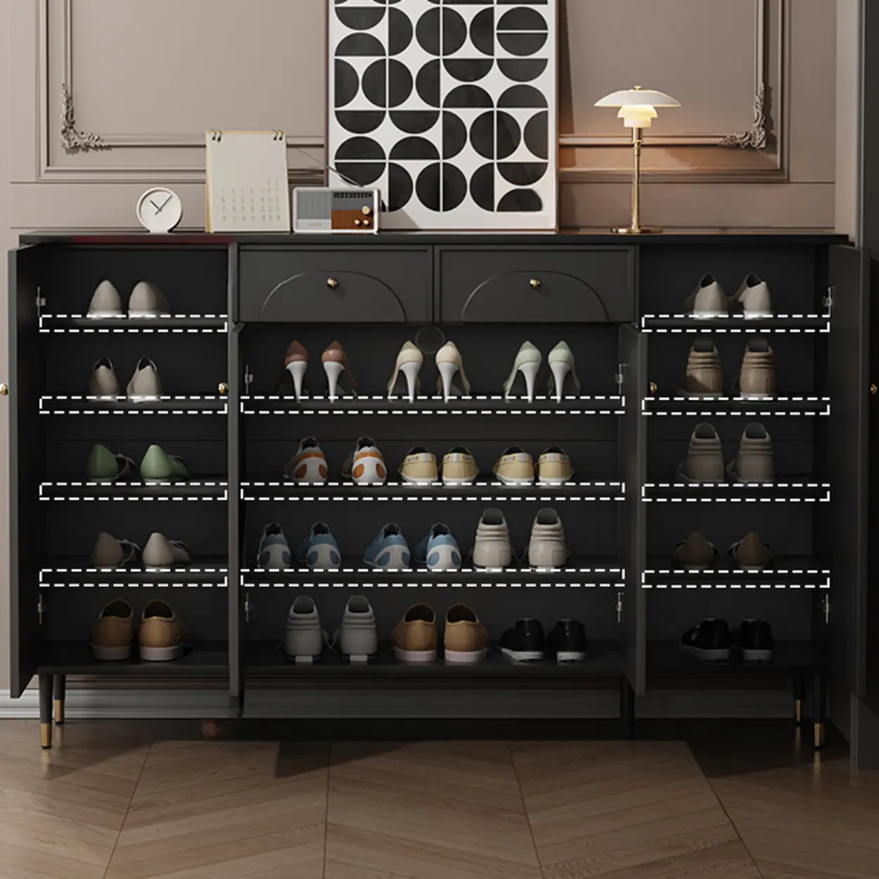 Modern Black Engineered Wood Large Hallway Shoe Cabinet