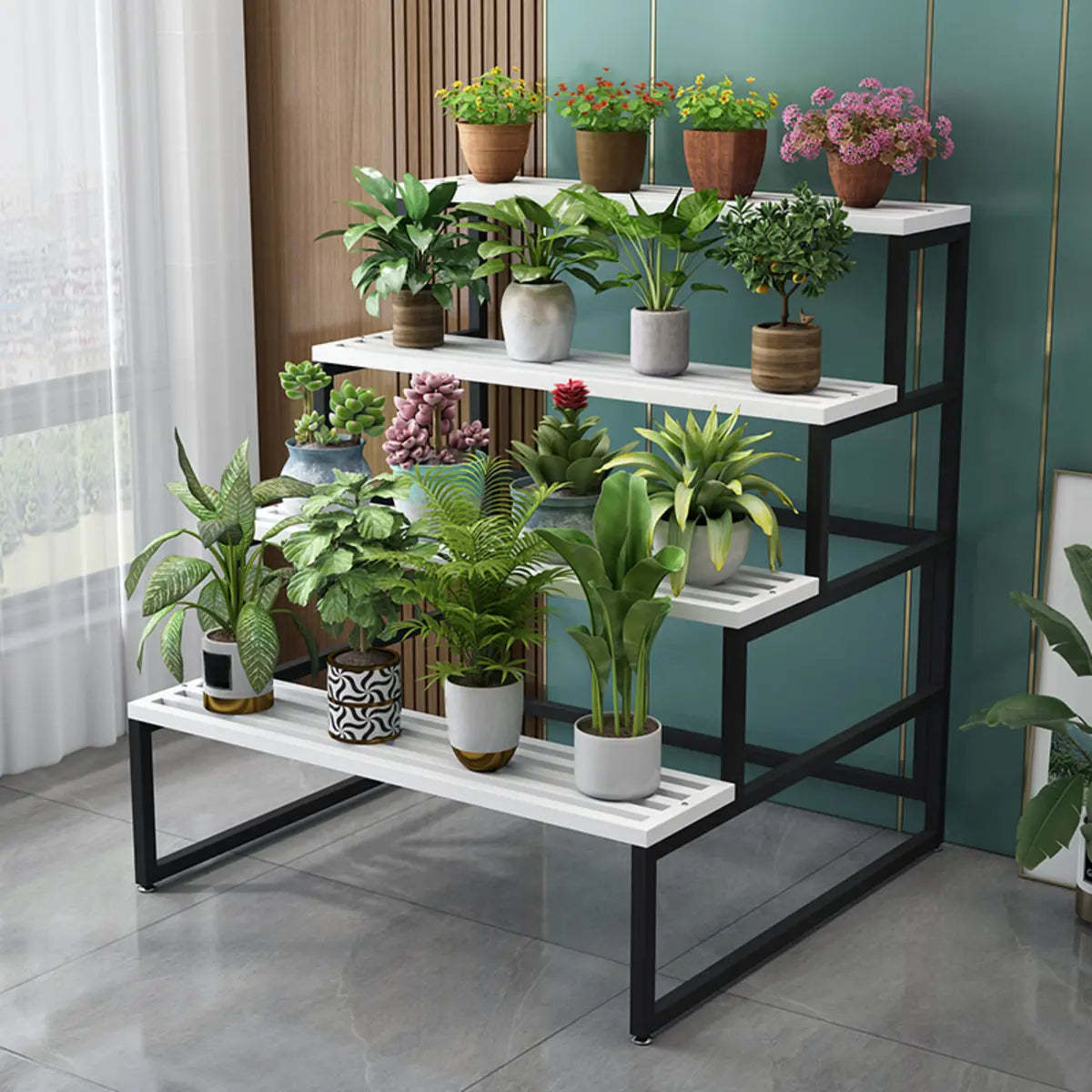 Modern Black Metal Rectangular Crate Plant Stand — Black-White