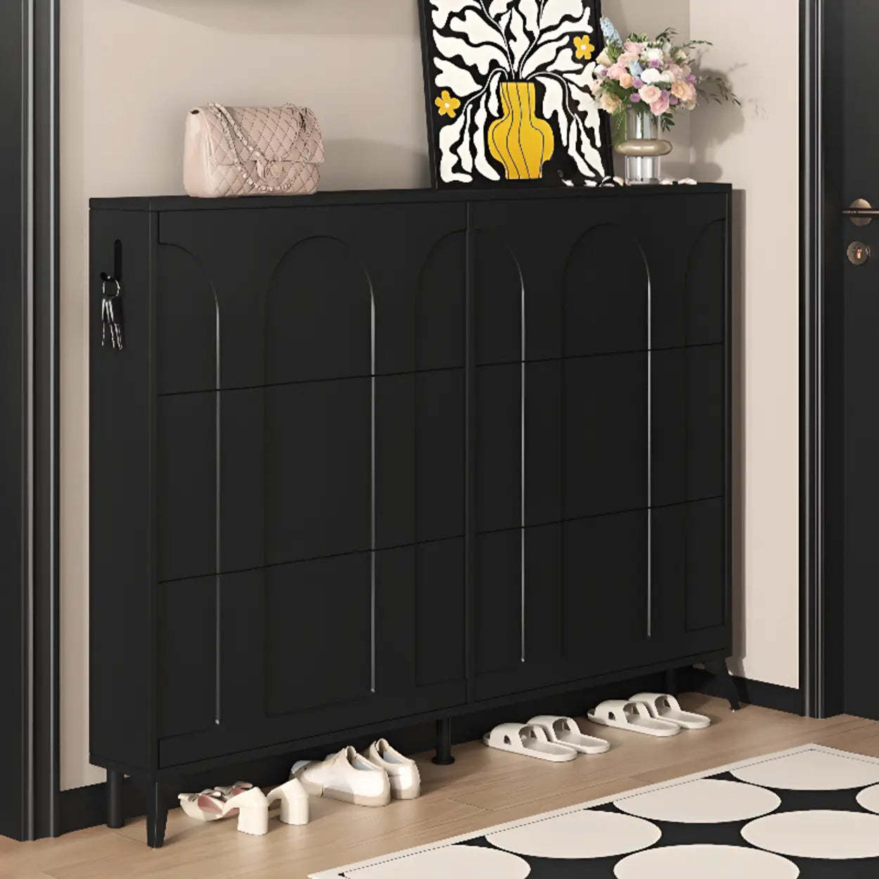 Modern Rectangular Metal Black Shoe Cabinet — Black