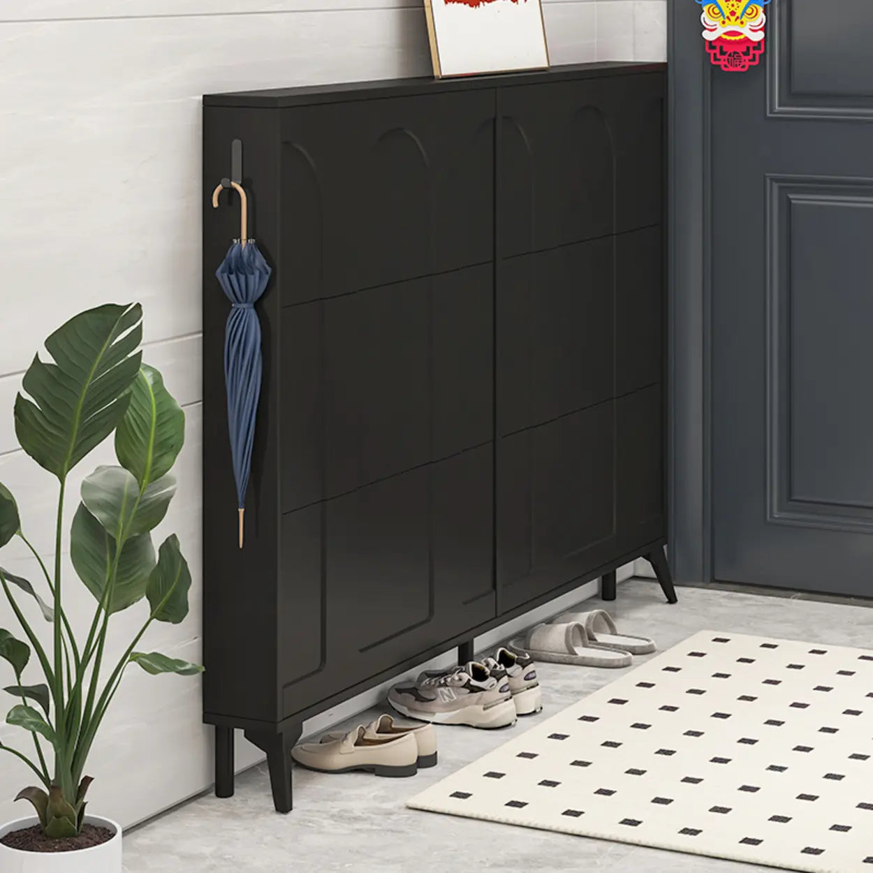 Modern Rectangular Metal Black Shoe Cabinet — Black