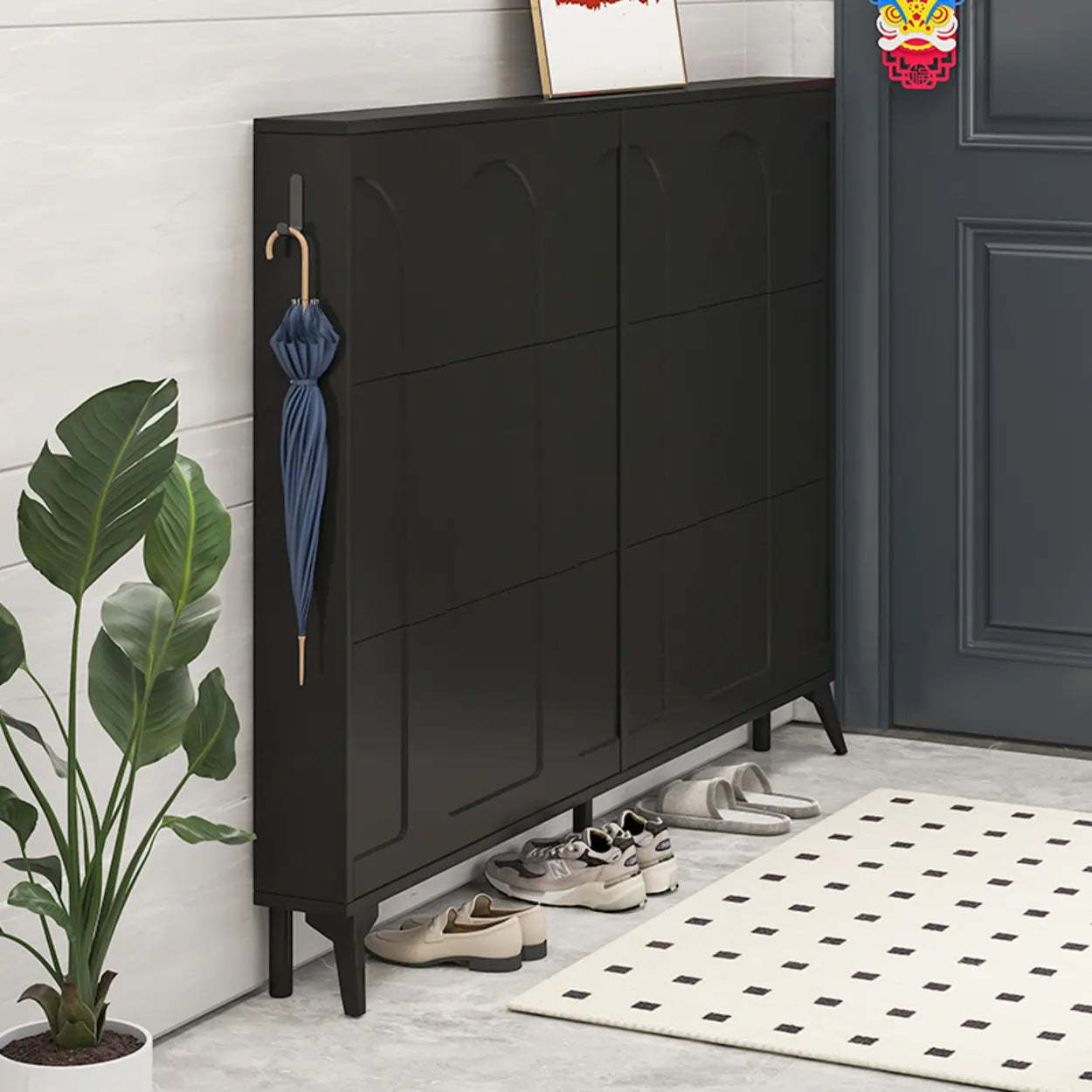 Modern Rectangular Metal Black Shoe Cabinet — Black