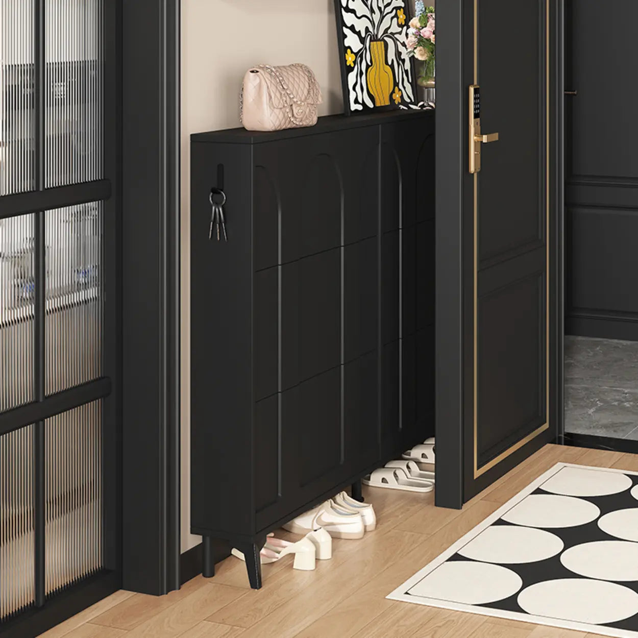 Modern Rectangular Metal Black Shoe Cabinet — Black