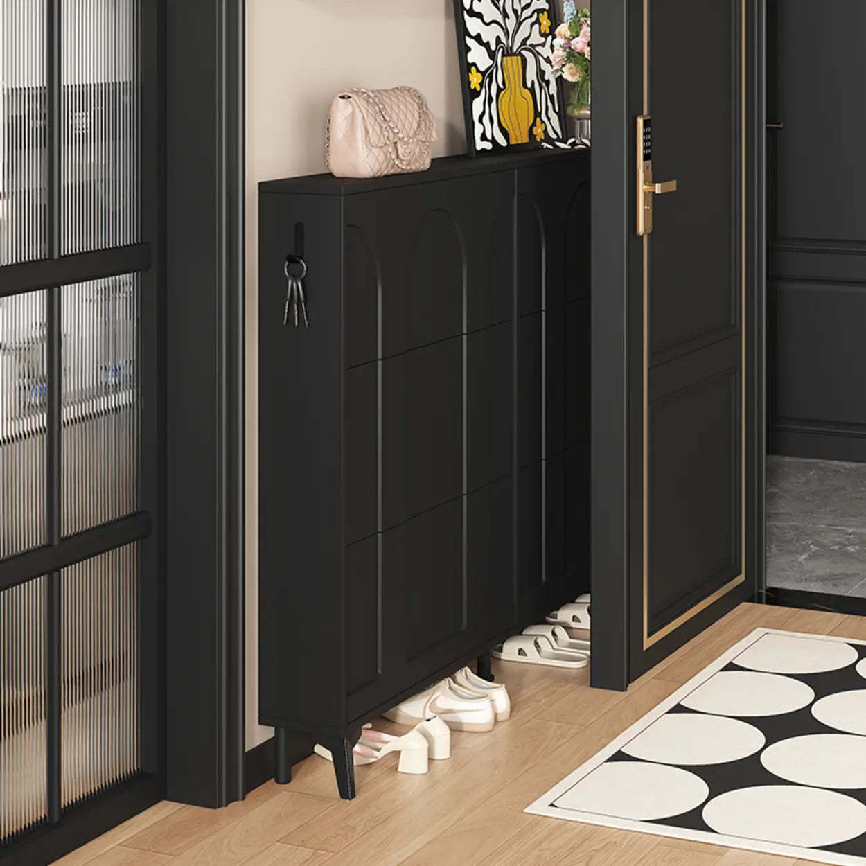 Modern Rectangular Metal Black Shoe Cabinet — Black