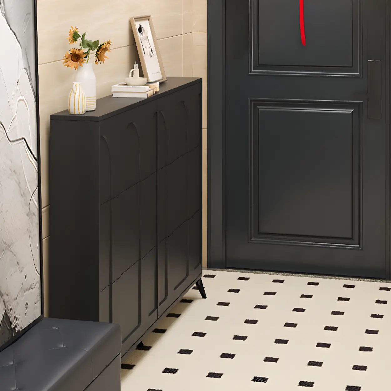 Modern Rectangular Metal Black Shoe Cabinet — Black