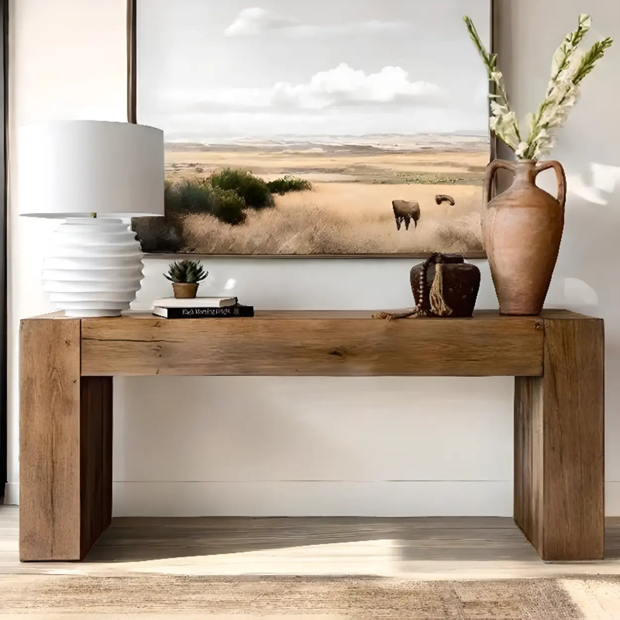 Modern Rectangular Pine Sled-Base Console Table