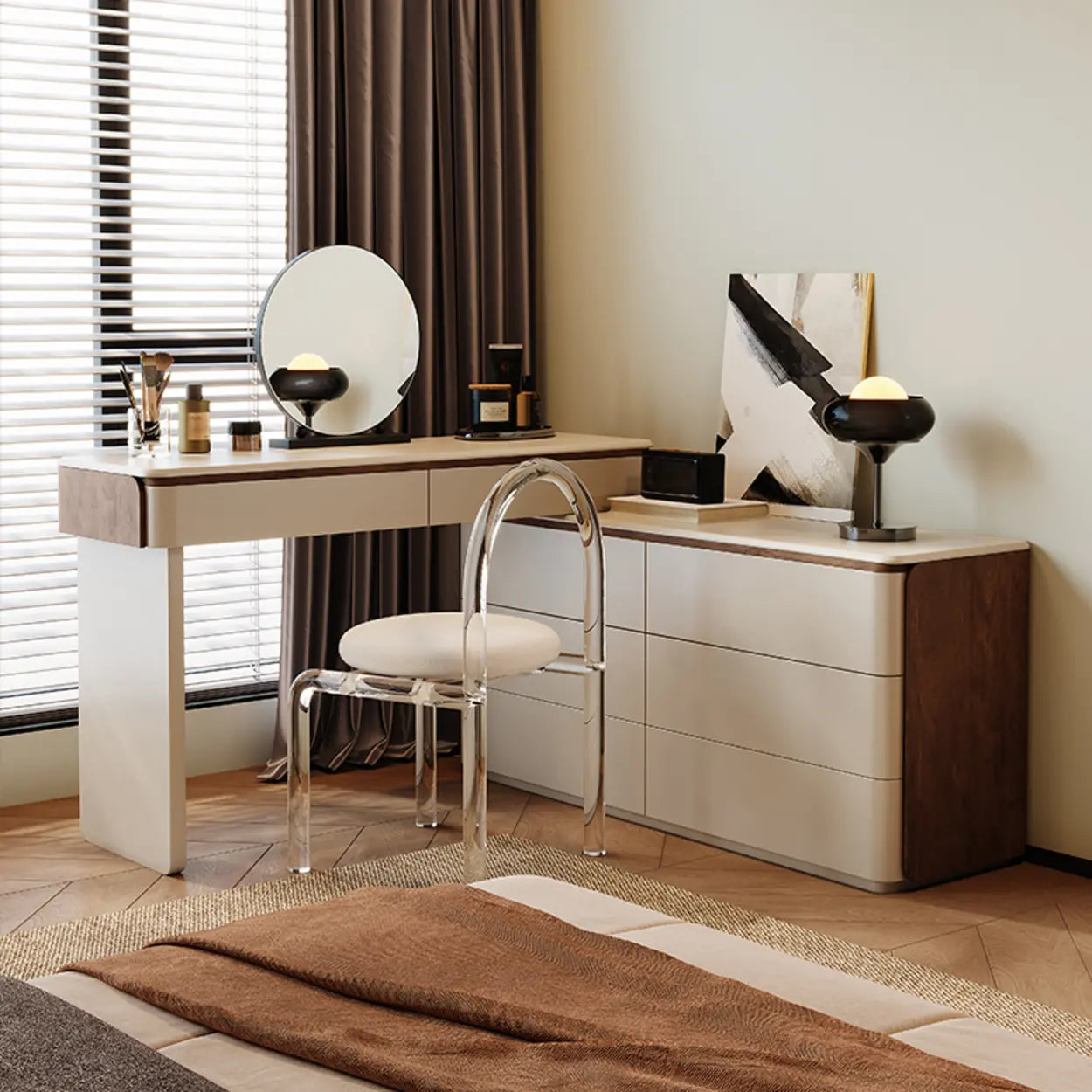Modern Rectangular Polymer Gray Mirror Makeup Vanity