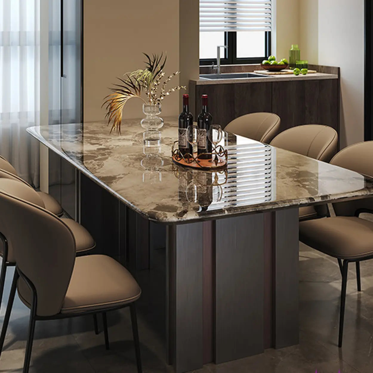 Modern Rectangular Stone Black Metal Dining Table — Table Only