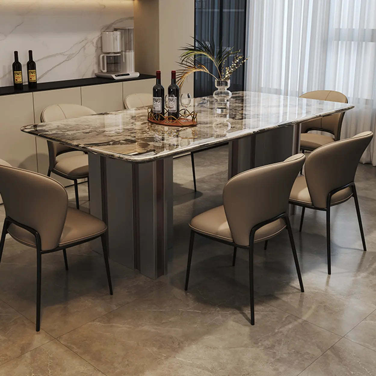 Modern Rectangular Stone Black Metal Dining Table — Table Only