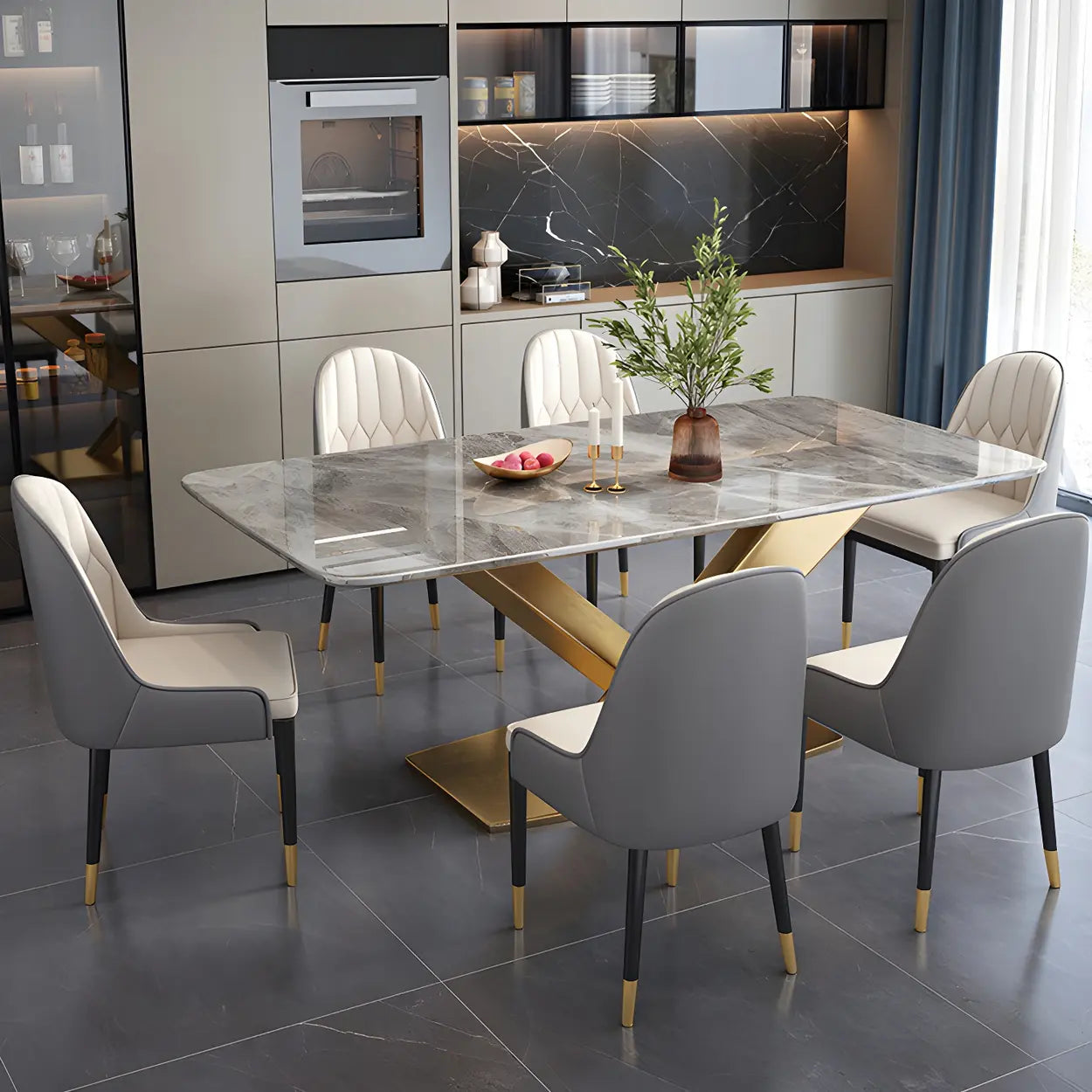 Modern Rectangular Gray Stone Kitchen Dining Table — White / Table Only