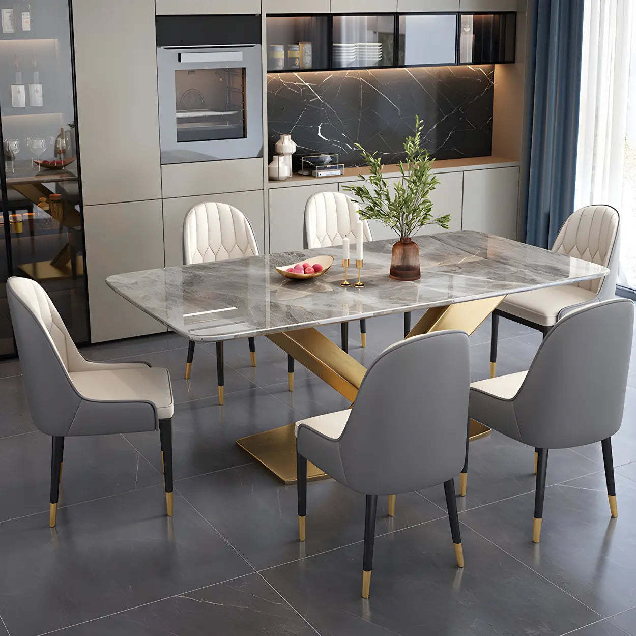 Modern Rectangular Gray Stone Kitchen Dining Table — White / Table Only