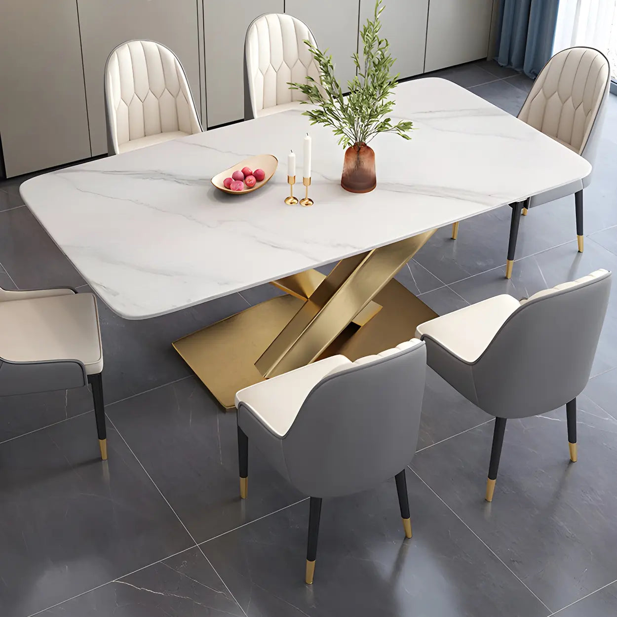 Modern Rectangular Gray Stone Kitchen Dining Table — White / Table Only