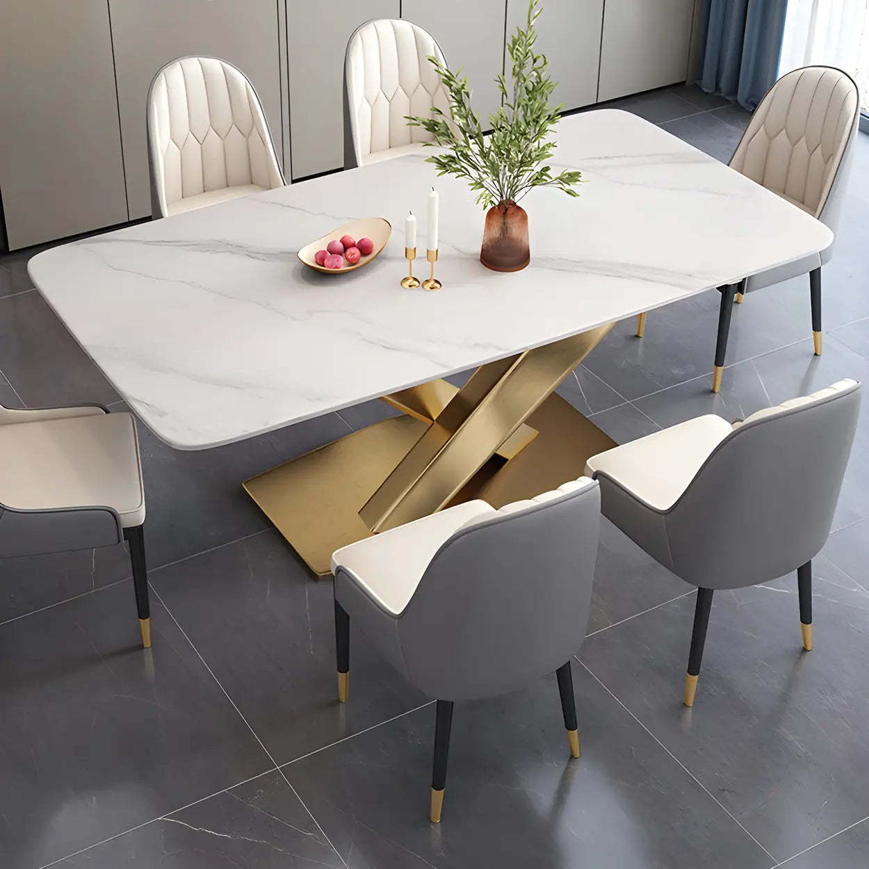 Modern Rectangular Gray Stone Kitchen Dining Table — White / Table Only