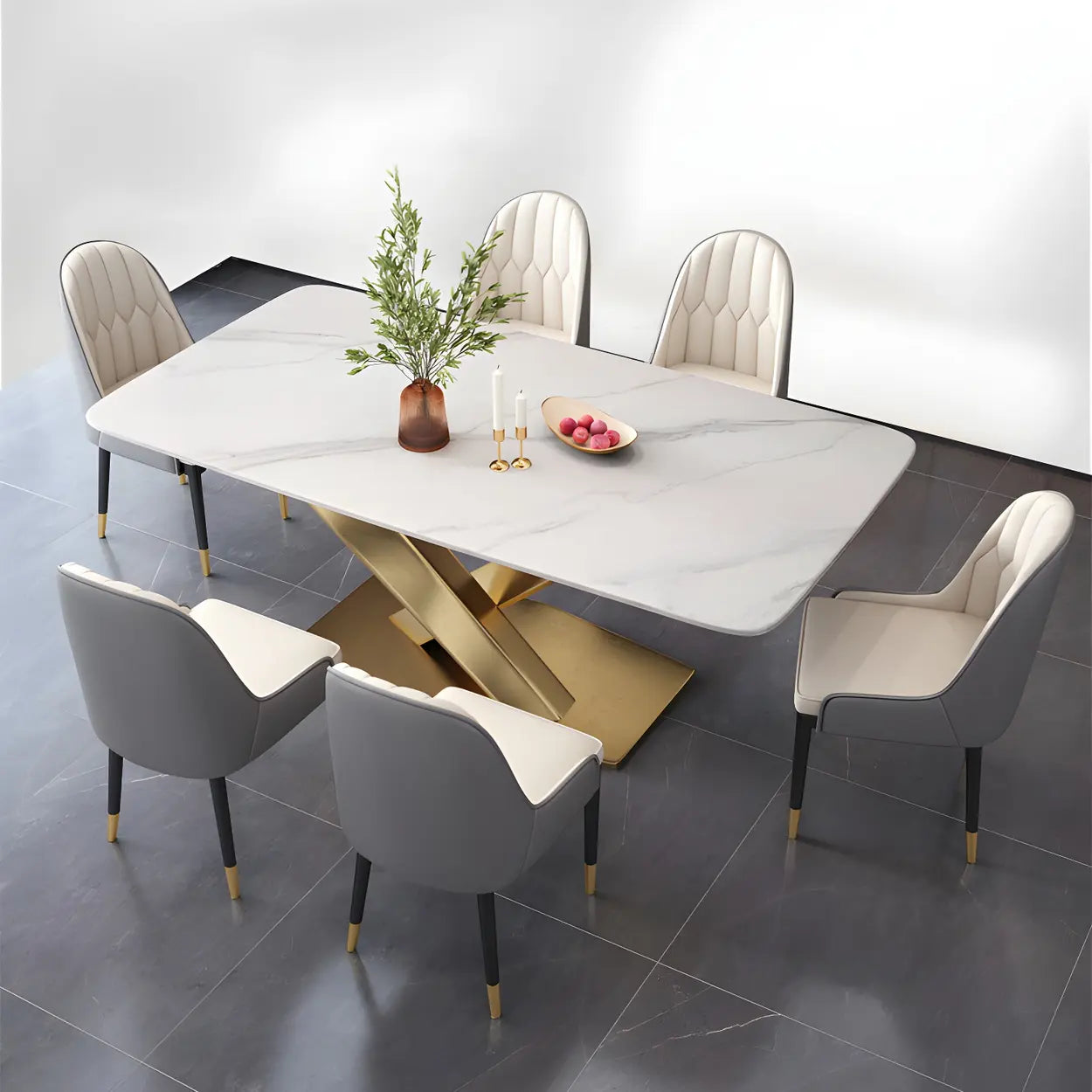 Modern Rectangular Gray Stone Kitchen Dining Table — Black / Table Only