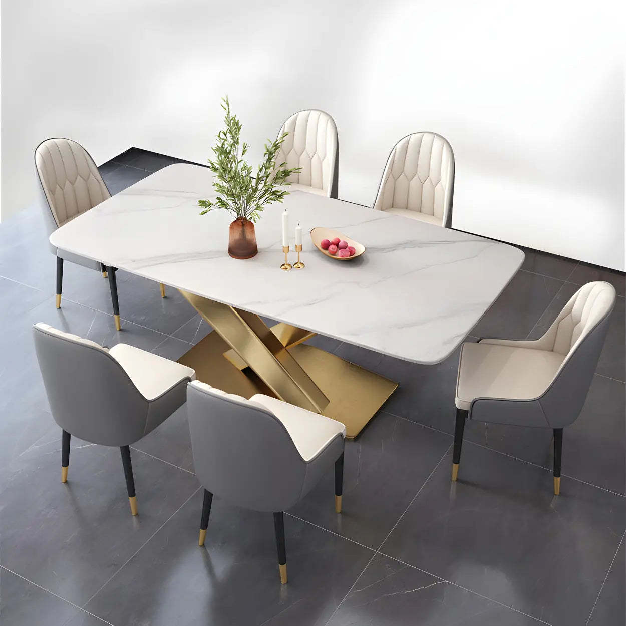 Modern Rectangular Gray Stone Kitchen Dining Table — Black / Table Only