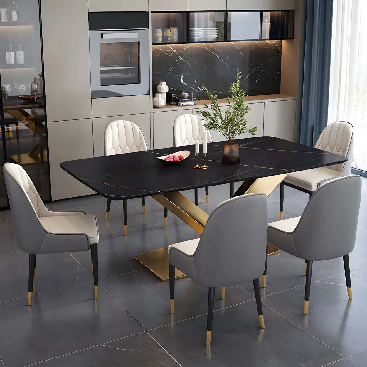 Gray stone rectangular dining tables - modern — 47.2" L x 31.5" W x 28" H / Black