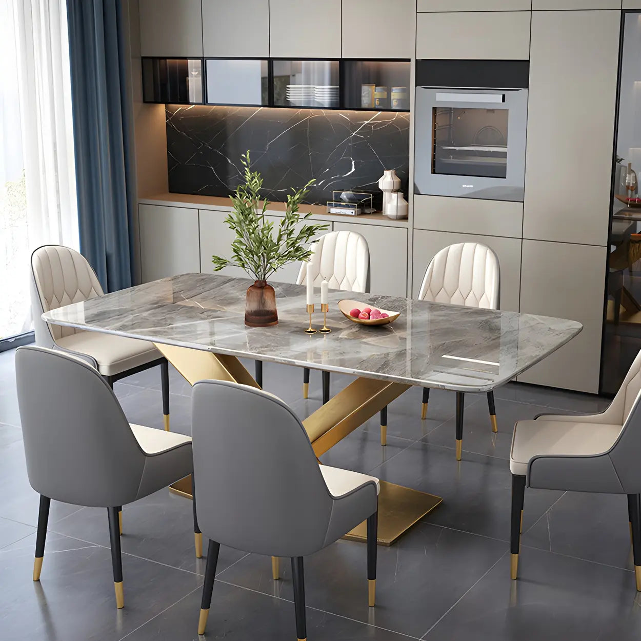 Modern Rectangular Gray Stone Kitchen Dining Table — Black / Table Only