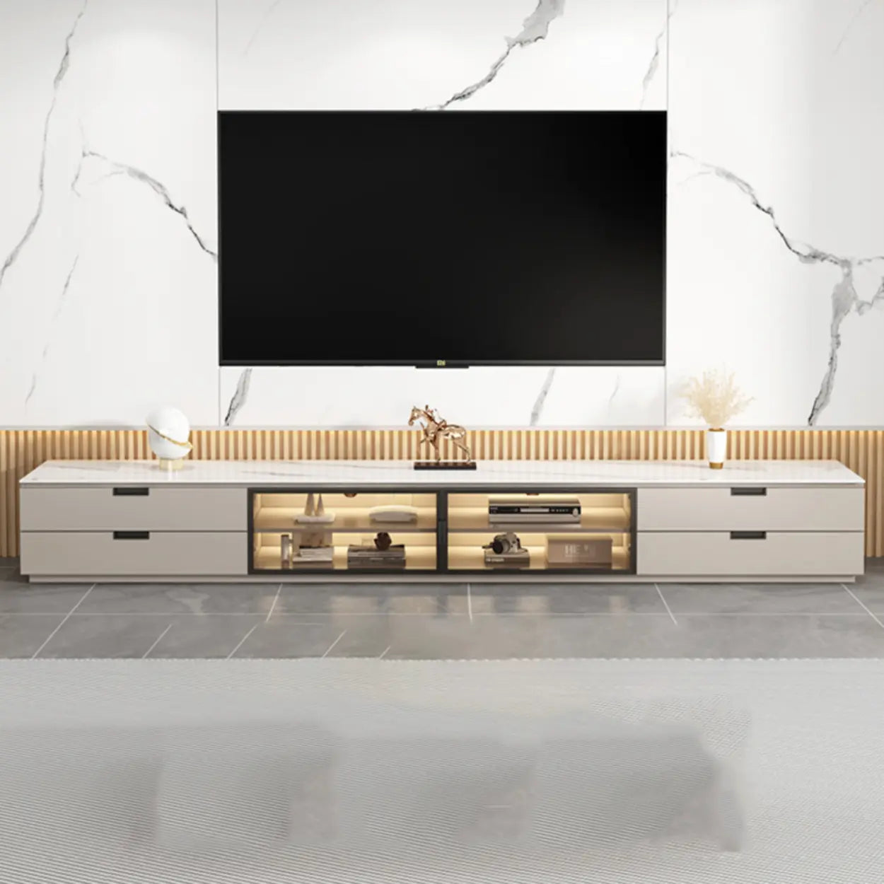 Modern Rectangular White Stone LED TV Stand