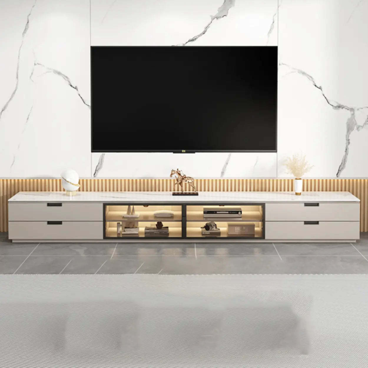 Modern Rectangular White Stone LED TV Stand — Champagne