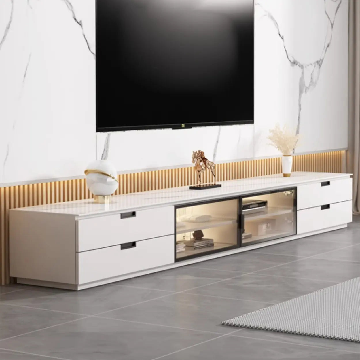 Modern Rectangular White Stone LED TV Stand — Champagne