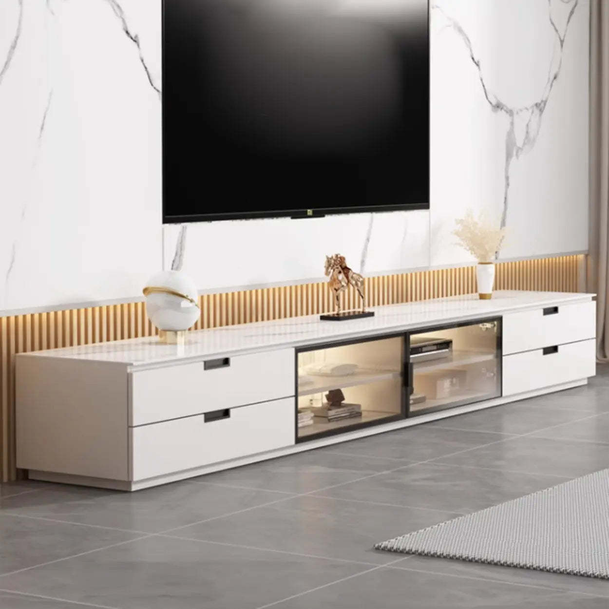 Modern Rectangular White Stone LED TV Stand — Champagne