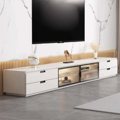 Modern Rectangular White Stone LED TV Stand — Champagne