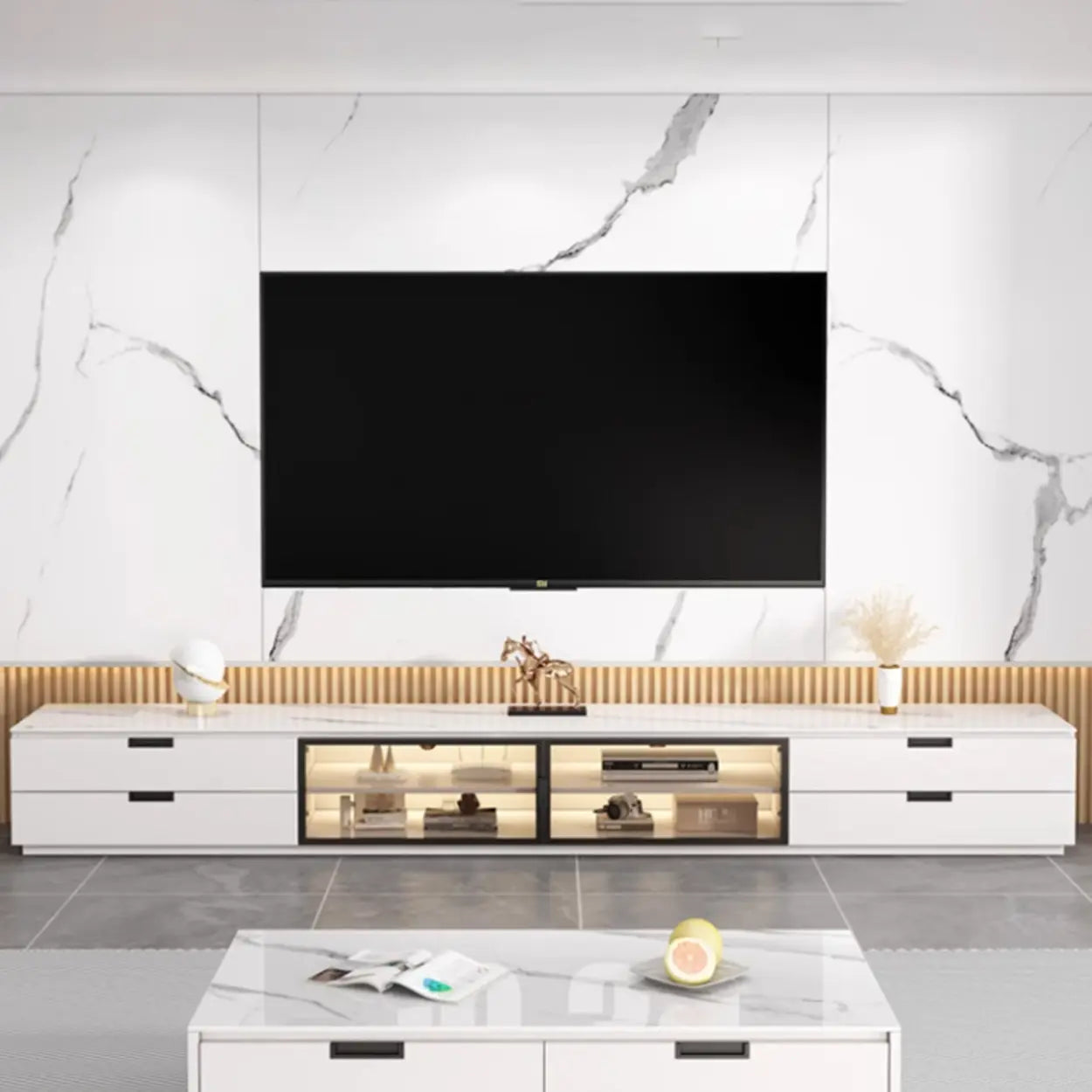 Modern Rectangular White Stone LED TV Stand — Champagne