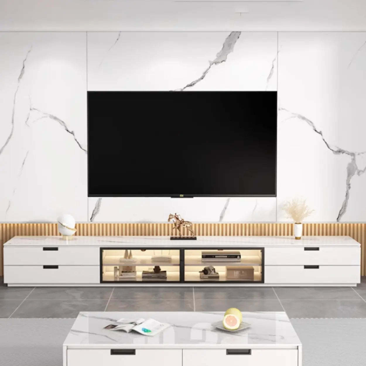 Modern Rectangular White Stone LED TV Stand — Champagne