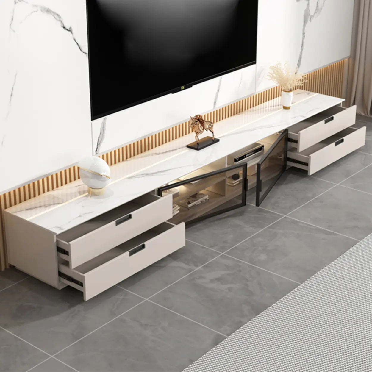 Modern Rectangular White Stone LED TV Stand — White