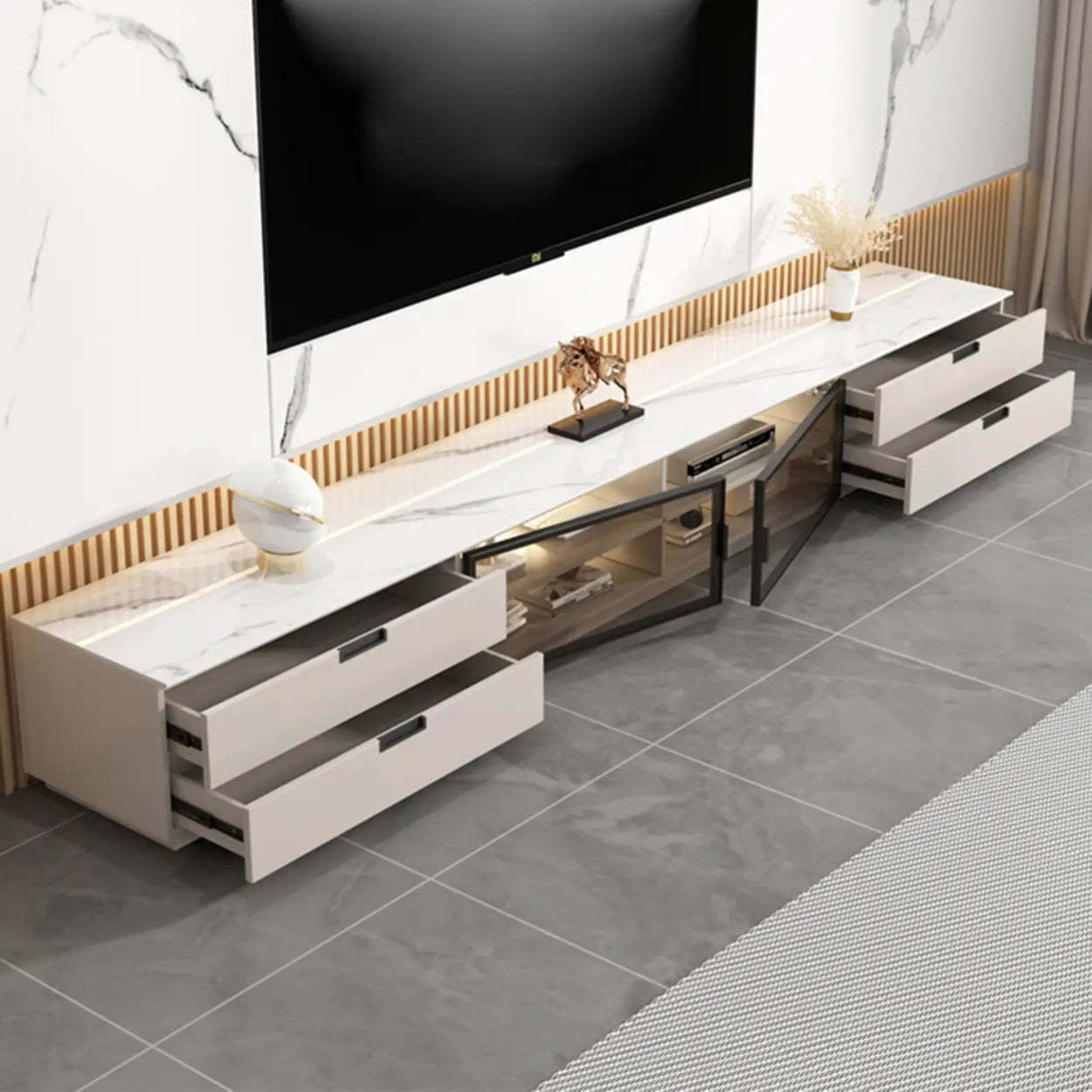 Modern Rectangular White Stone LED TV Stand — White