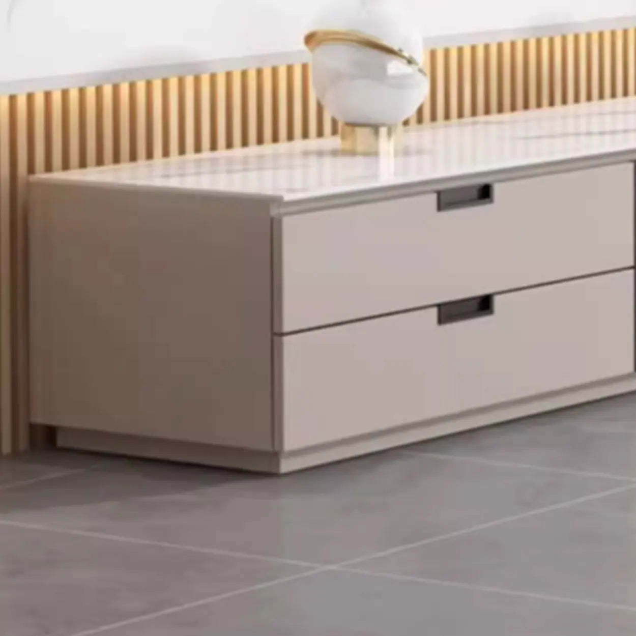 Modern Rectangular White Stone LED TV Stand — White