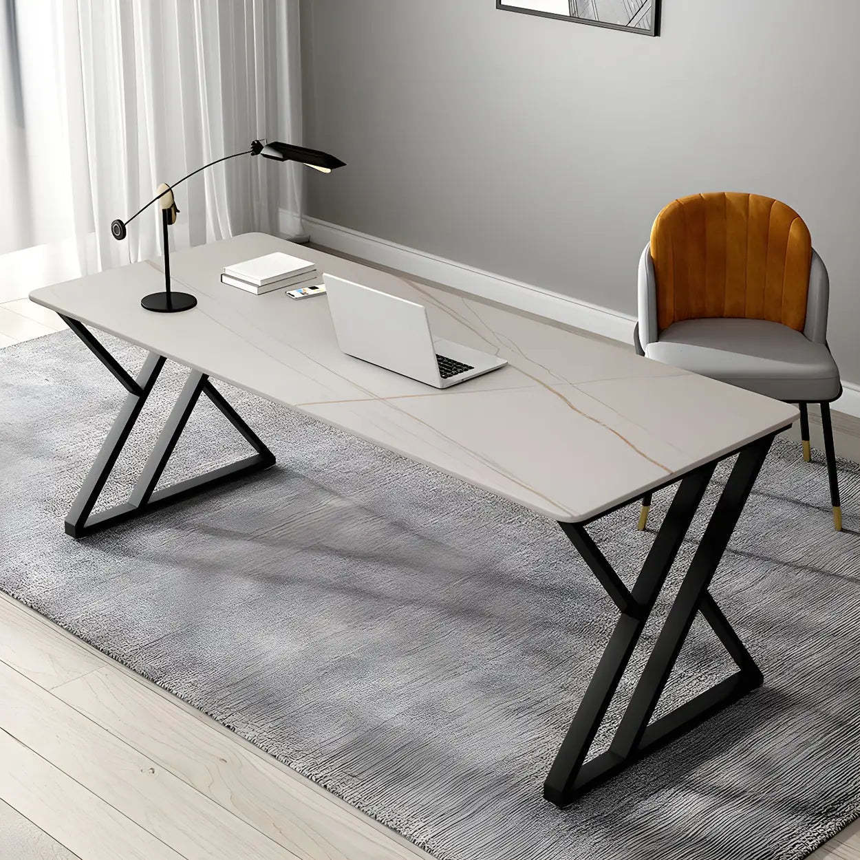 Modern Stone-Top Metal Sled Gaming Desk — Table Only