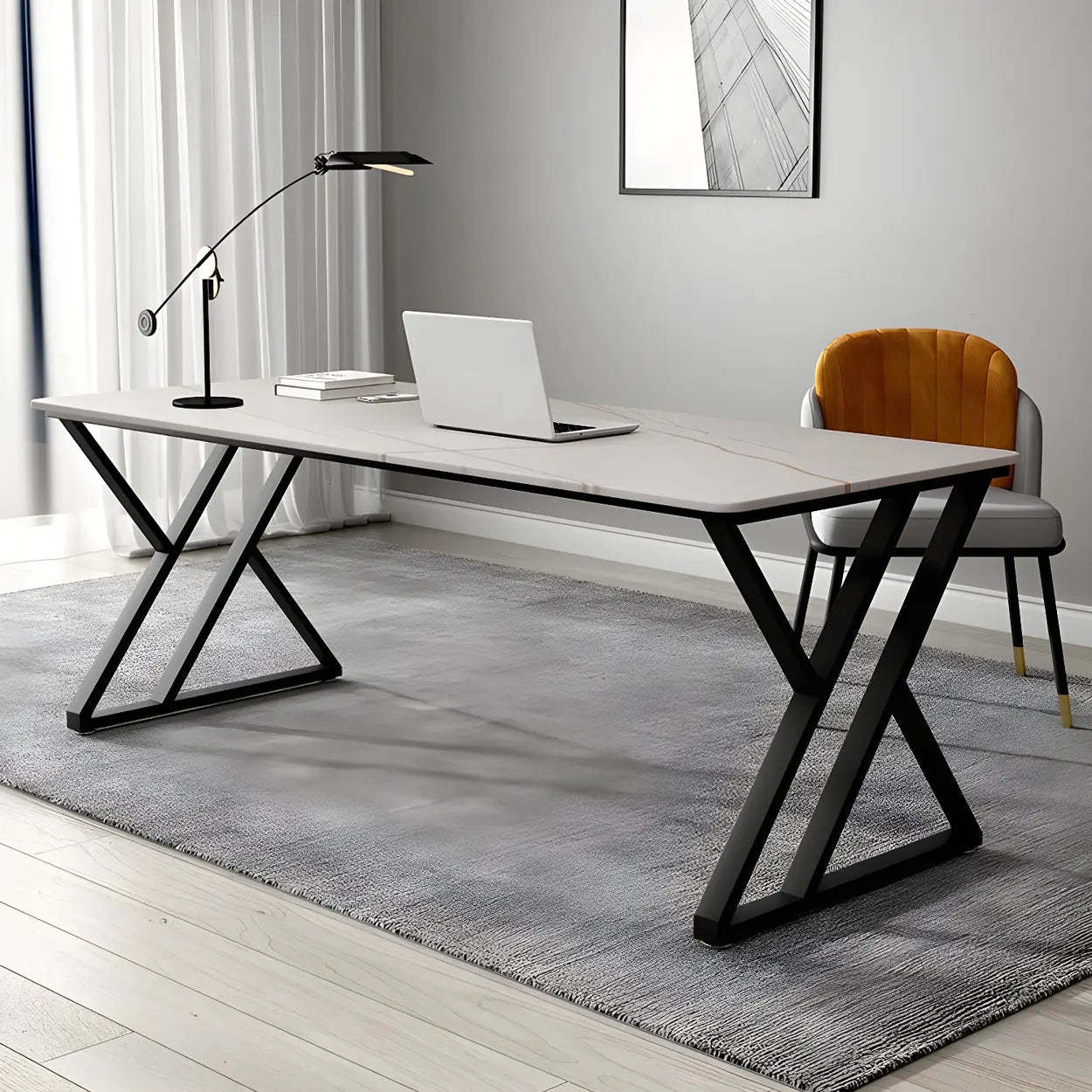 Modern Stone-Top Metal Sled Gaming Desk — Table Only