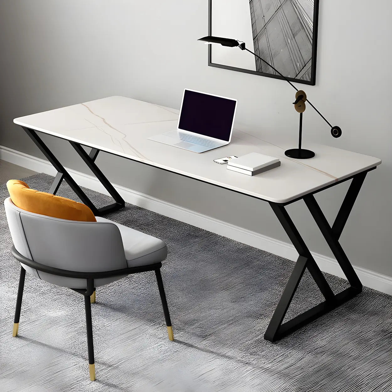Modern Stone-Top Metal Sled Gaming Desk — Table Only