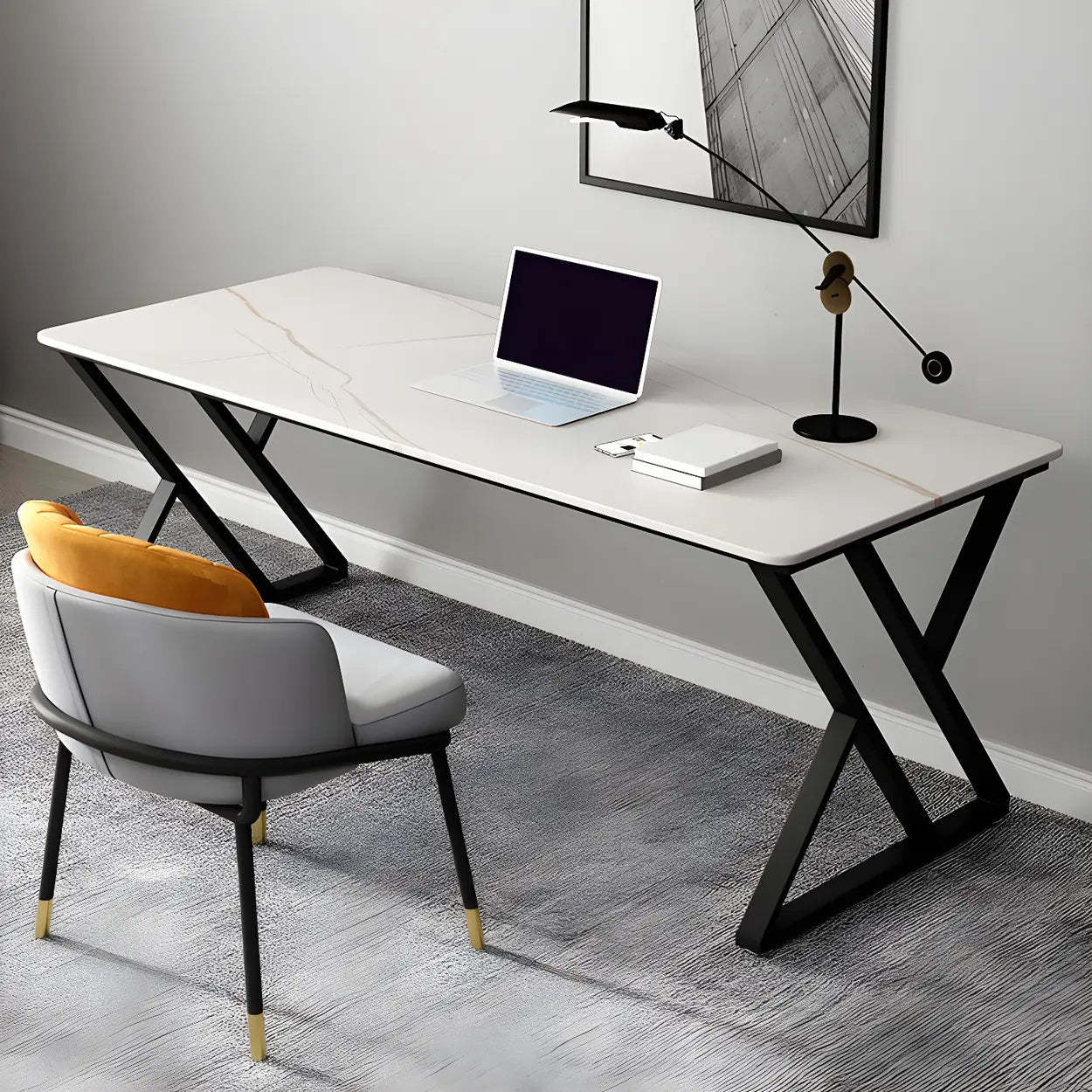 Modern stone-top sled black metal gaming desks, Lighom — 55.1" L x 31.5" W