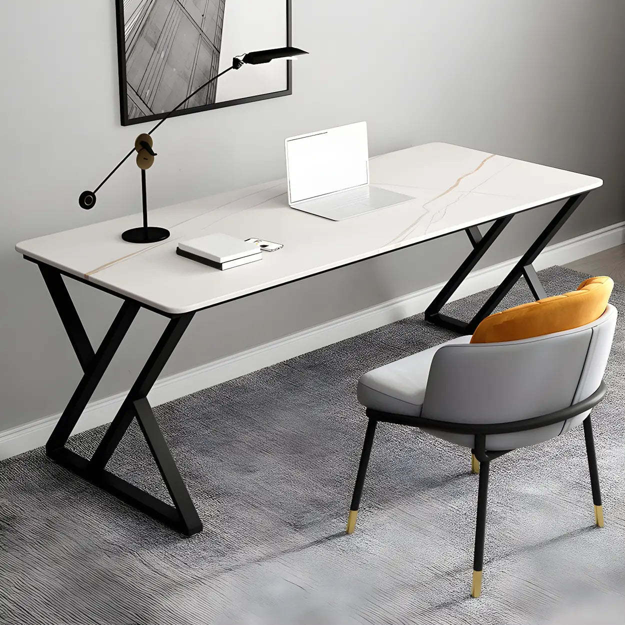 Modern Stone-Top Metal Sled Gaming Desk — Table Only
