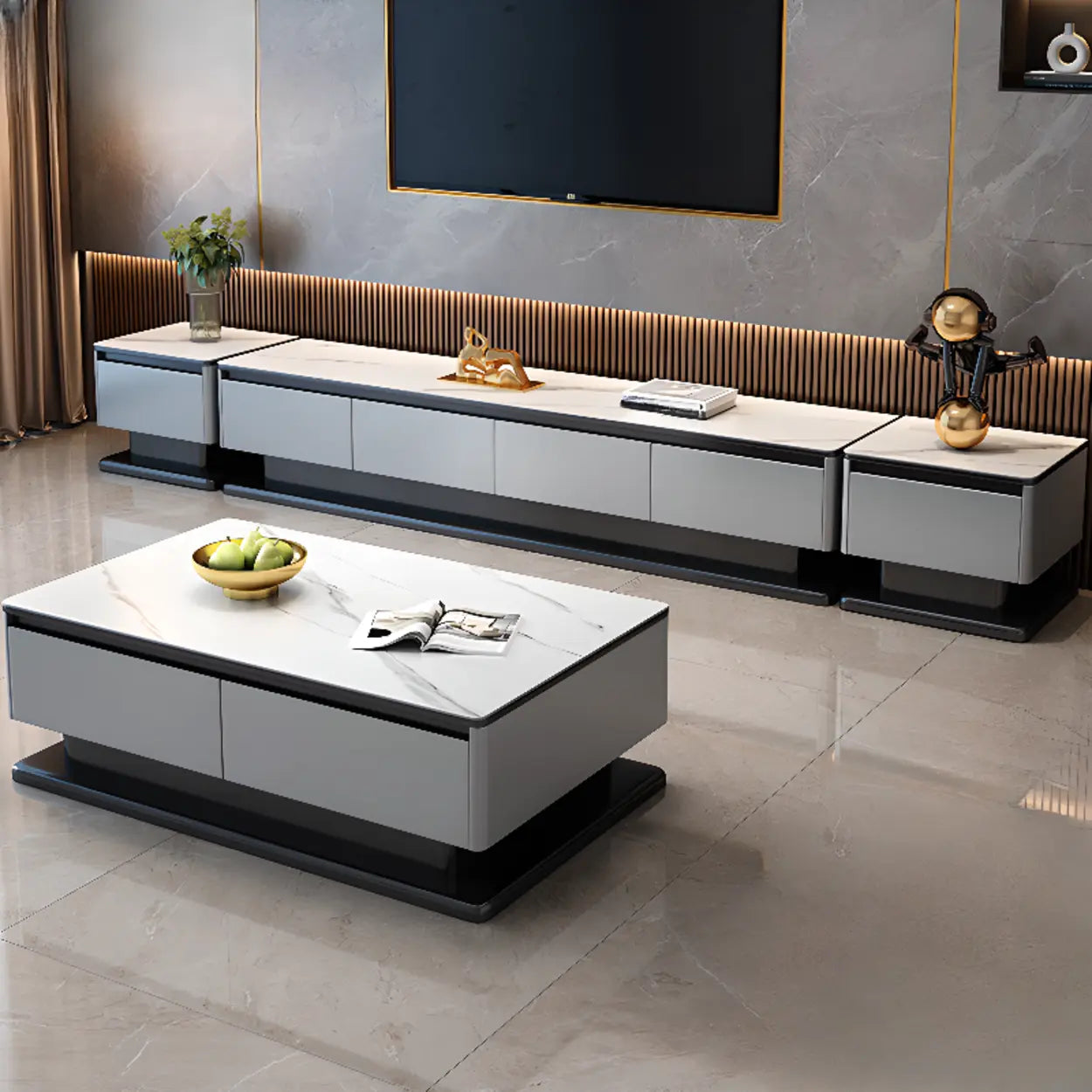 Modern Rectangular Gray Stone TV Stand